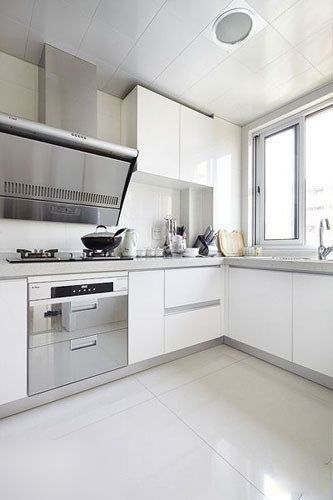 白色延续到厨房了，设计师给我们选择了白色烤漆整体橱柜 ，搭配不锈钢的厨电，很现代的气息
