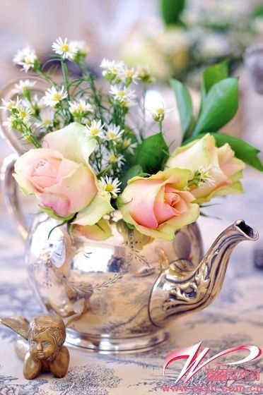 茶壶里插着的雏菊代表了家人对新生命到来的期盼
