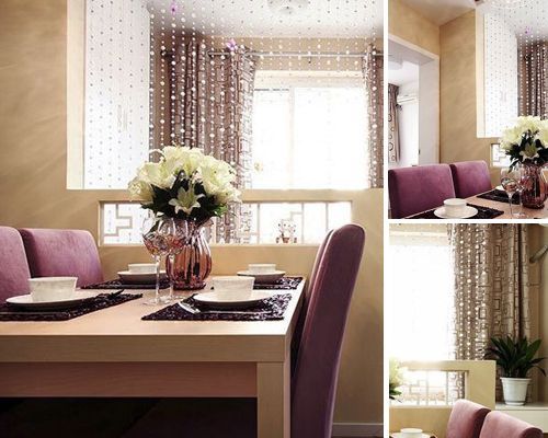 典雅的紫色为餐厅营造了柔和温润浪漫之美，搭配上实木高亮的色泽，让整个小餐厅显得更为活泼可人