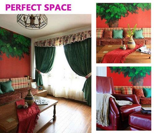 大胆运用了绿色与红色，两对比色充分表现出大自然的朴质，春天的意境历历在目，皮质沙发与布艺沙发搭配，柔软中带有中性风，富有艺术性