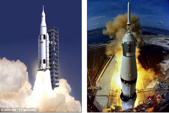 美国宇航局提供的一幅艺术概念图，展示了“太空发射系统”的发射。这是宇航局最新的火箭想象，将借鉴曾帮助宇航员登陆月球的液体燃料推进火箭采用的技术。(图右为曾用于载人登月的土星V型火箭)