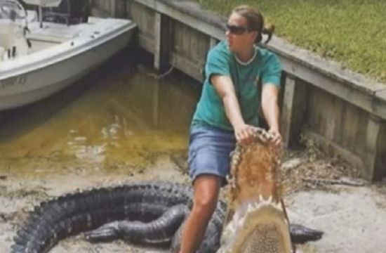 康妮-汉考克悬挂起她捕获到的14英尺(4.27米)长的鳄鱼，这是她与丈夫乔希一起在佛罗里达州度假时，在乔治湖捕获的