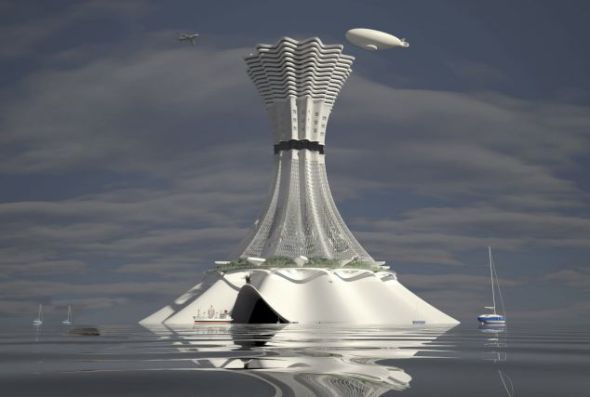 艺术概念图，展示了克拉辛斯基想象的人造岛